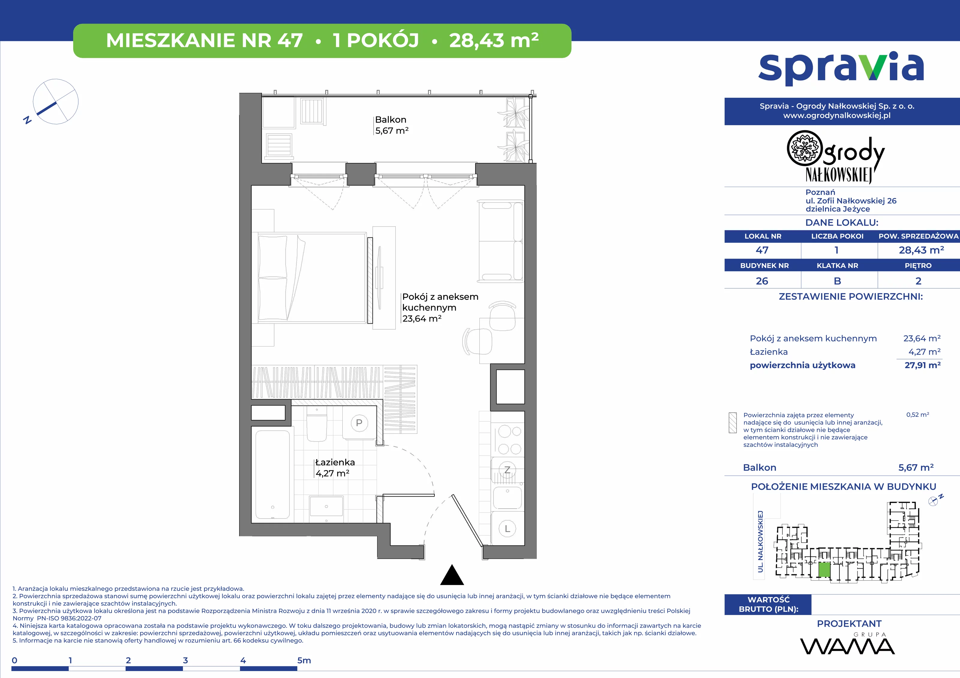 1 pokój, mieszkanie 28,43 m², piętro 2, oferta nr 26-47, Ogrody Nałkowskiej, Poznań, Ogrody, ul. Nałkowskiej 24, 26